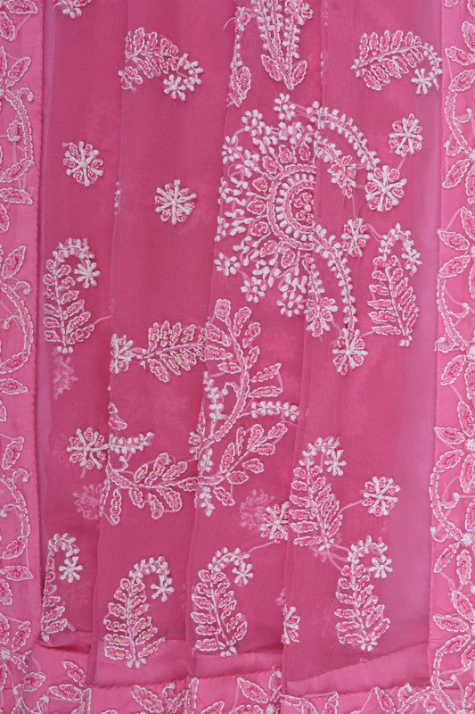 Ada Hand Embroidered Pink Georgette Lucknowi Chikankari Saree/Blouse With Pearl Work A493286