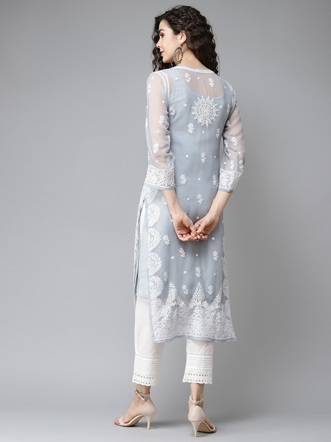 Ada Hand Embroidered Grey Georgette Lucknowi Chikankari Straight Kurta With Slip A411196