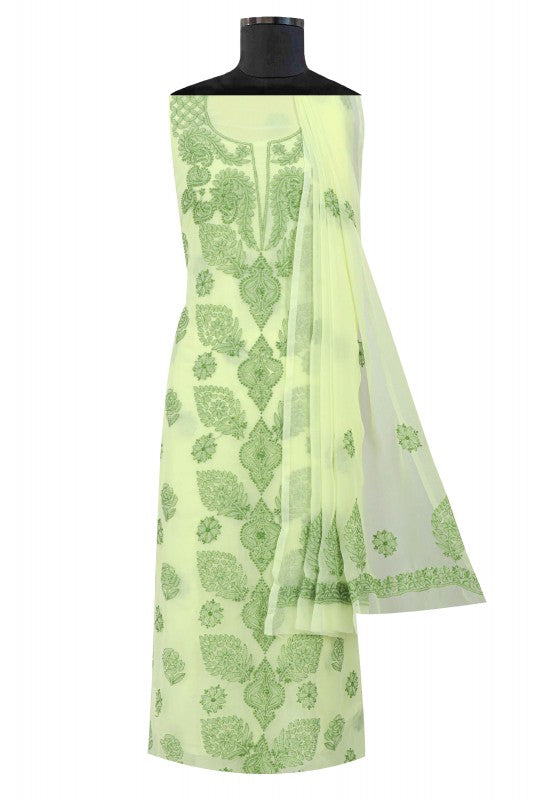 Ada Hand Embroidered Lemon Georgette Lucknowi Chikan Unstitched Suit Piece A211222