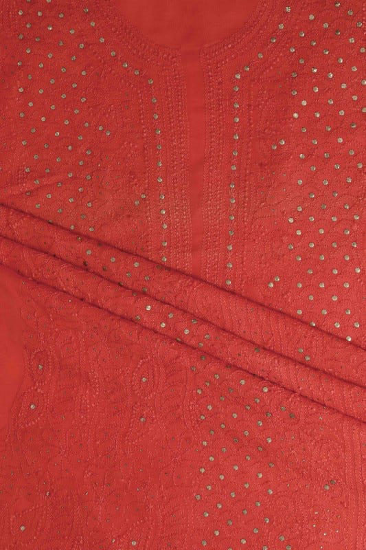 Ada Hand Embroidered Carrot Pink Georgette Lucknowi Chikan Unstitched Kurta Dupatta Set with Muqaish Work A579355