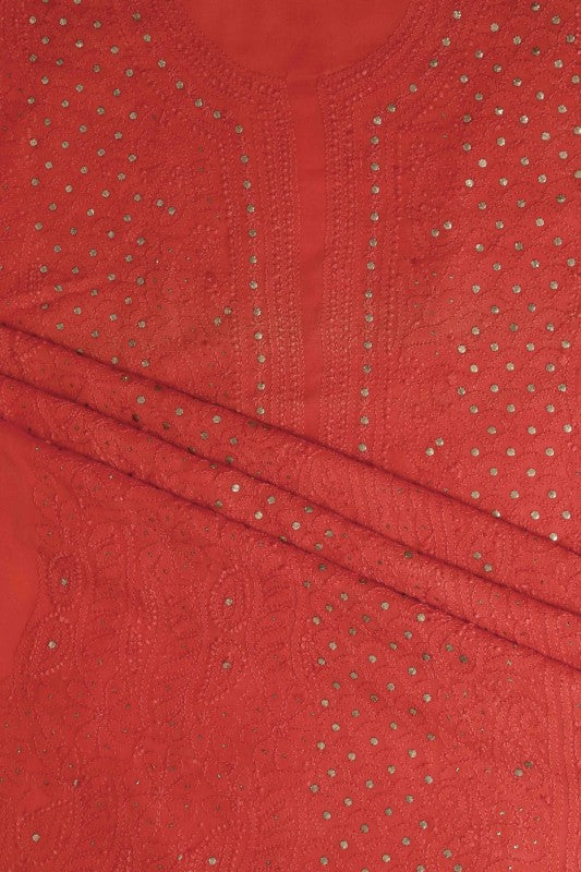 Ada Hand Embroidered Carrot Pink Georgette Lucknowi Chikan Unstitched Kurta Dupatta Set with Muqaish Work A579355
