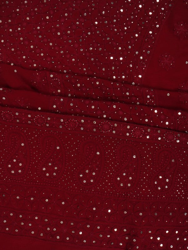 Ada Hand Embroidered Maroon Pure Georgette Lucknowi Chikankari Unstitched Kurta Piece With Muqaish Work A343579