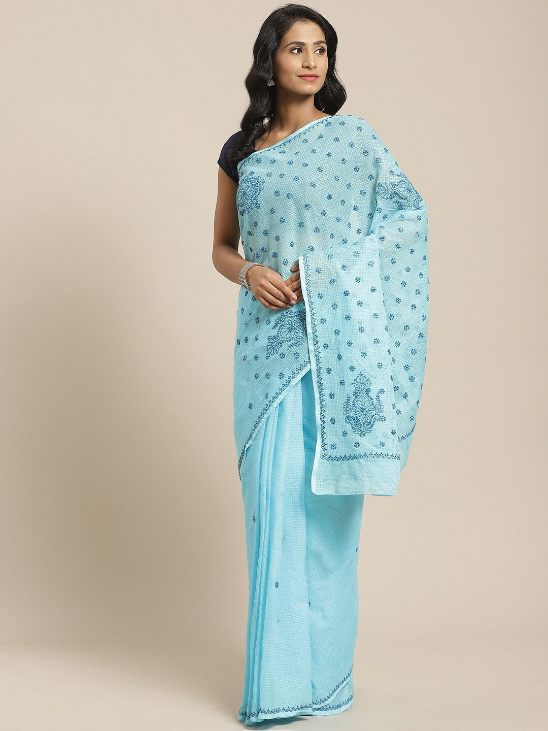 Ada Hand Embroidered Blue Kota Lucknow Chikan Saree With Blouse- A311110