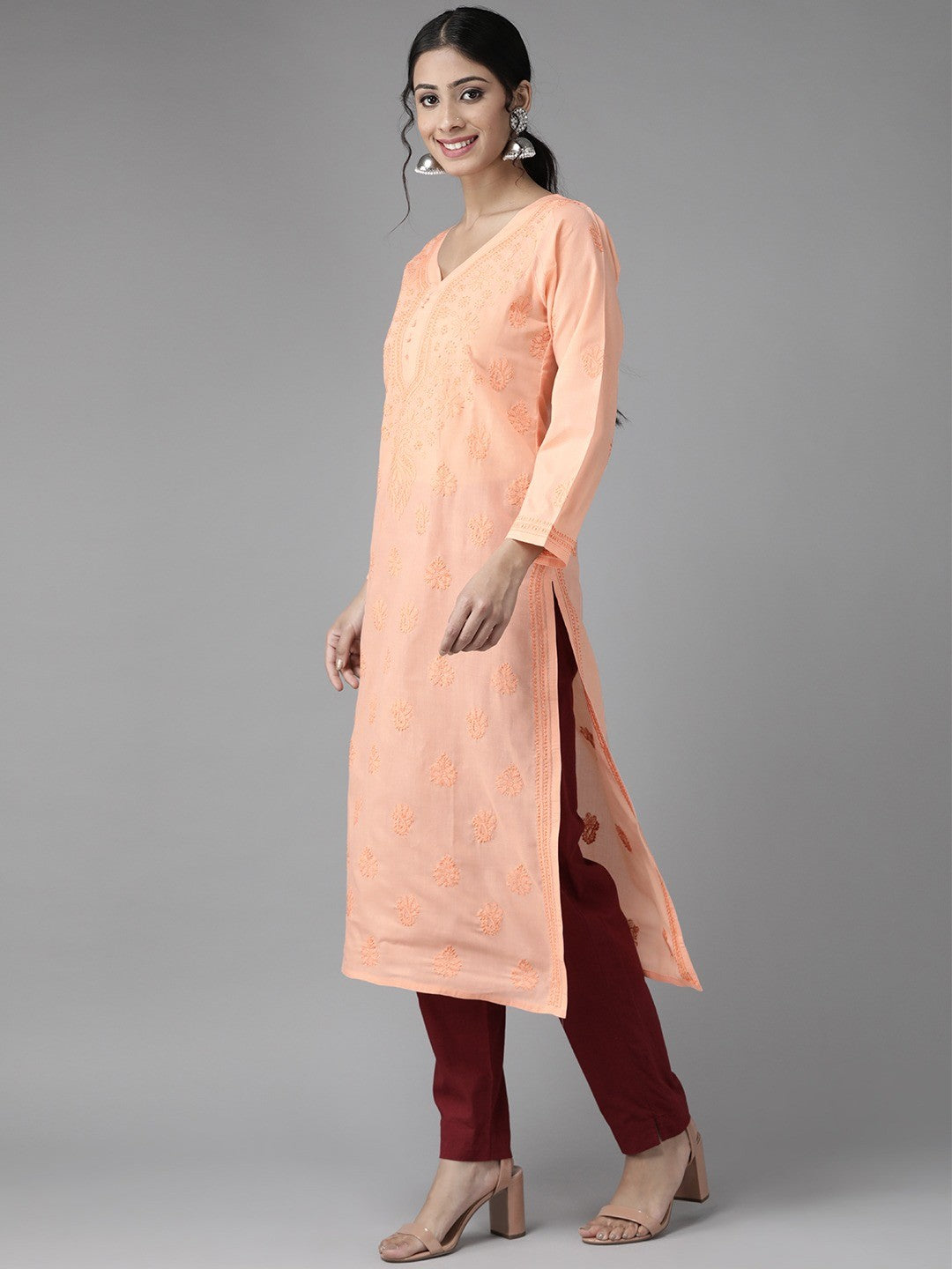 Ada Hand Embroidered Peach Cotton Lucknowi Chikankari Straight Kurta A231406