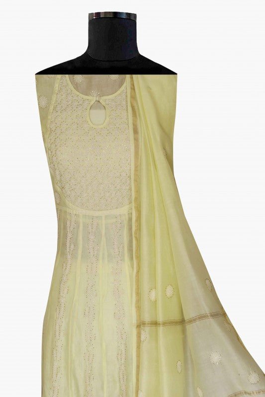 Ada Hand Embroidered Lemon Chanderi Lucknowi Chikankari Semi-Stitched Anarkali Kurta Dupatta Set With Muqaish Work A559713