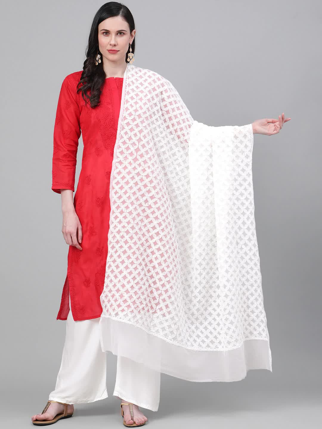 Ada Hand Embroidered White Georgette Lucknowi Chikankari Dupatta A511152