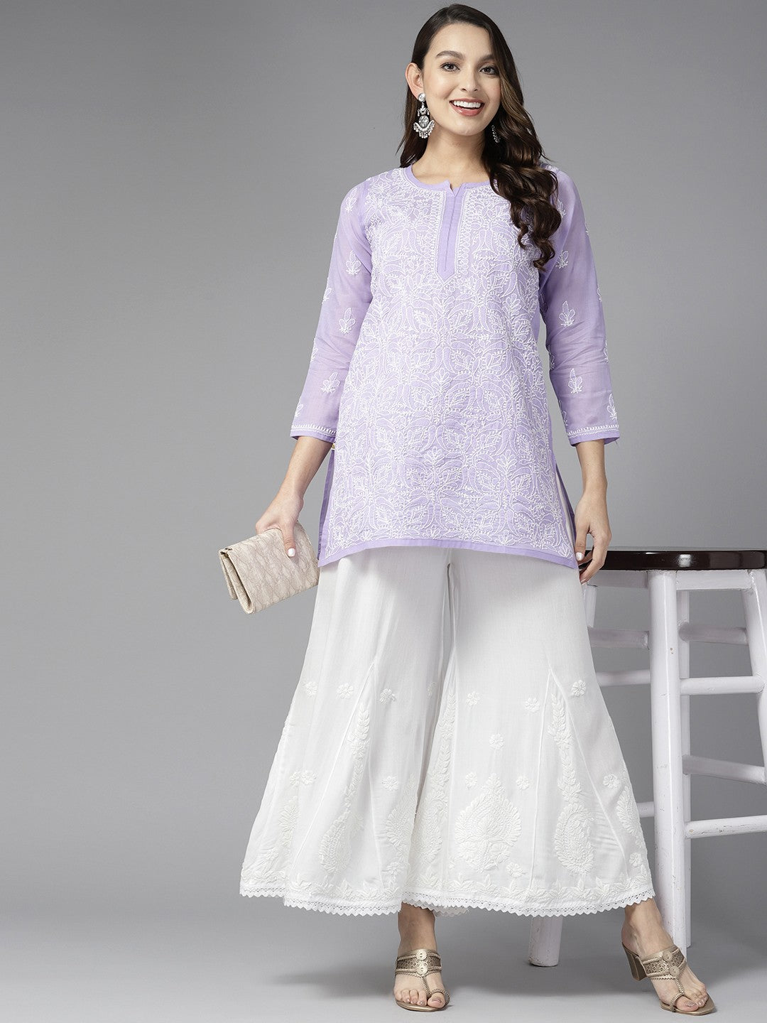 Ada Hand Embroidered White Rayon Lucknowi Chikankari Palazzo A711171