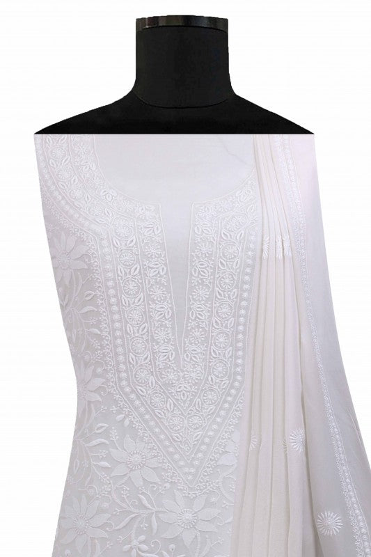 Ada Hand Embroidered White Pure Georgette Lucknowi Chikan Unstitched Kurta Dupatta Set A385943