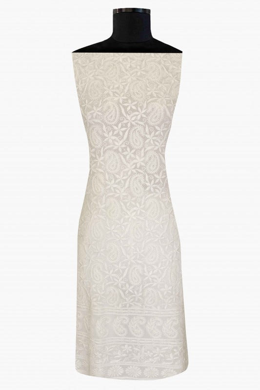 Ada Hand Embroidered White Georgette Chikan Unstitched Kurta Piece A609340