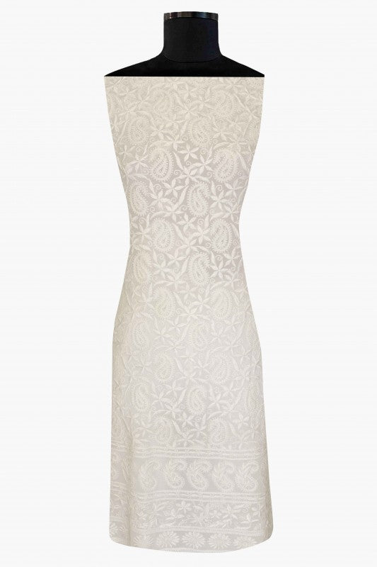 Ada Hand Embroidered White Georgette Chikan Unstitched Kurta Piece A609340