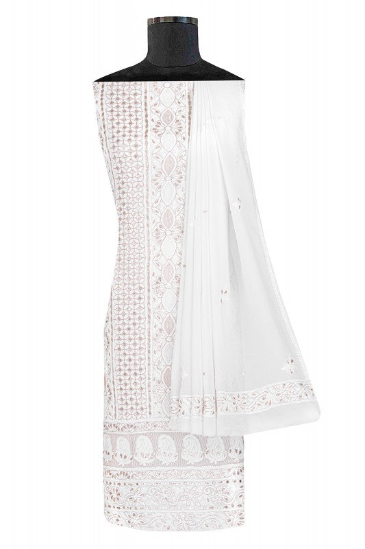 Ada Hand Embroidered White Pure Georgette Lucknowi Chikan Unstitched Kurta Dupatta Set With Gota Patti Work- A454104