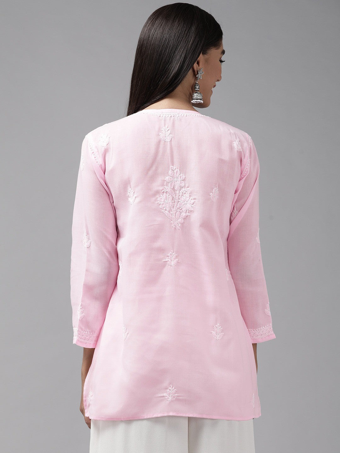 Ada Hand Embroidered Baby Pink Cotton Lucknowi Chikankari Straight Kurti A911241