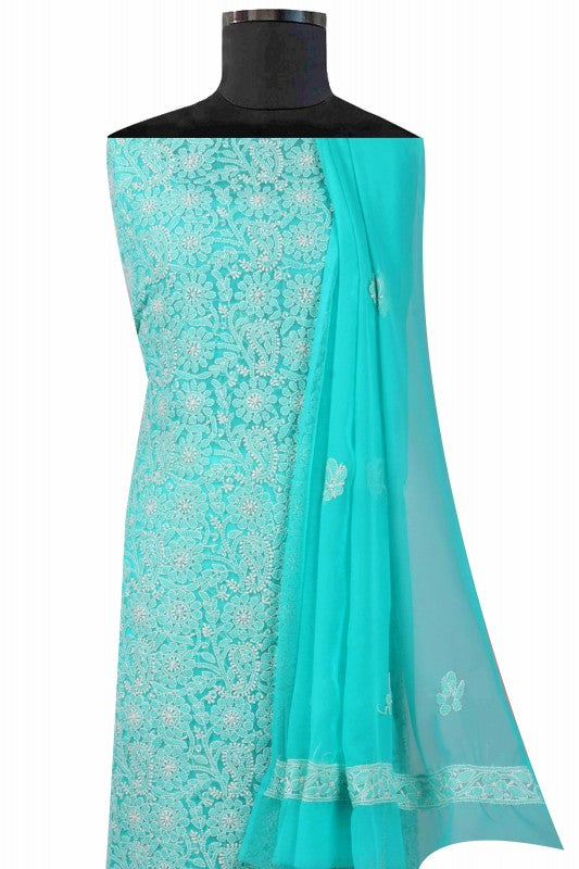 Ada Hand Embroidered Sea Green Georgette Lucknowi Chikan Unstitched Suit Piece A608153