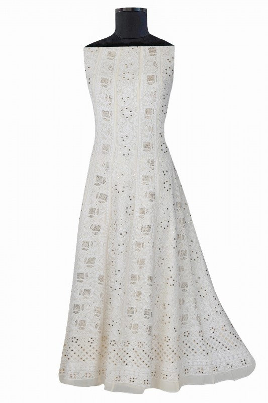 Ada Hand Embroidered White Pure Georgette Lucknowi Chikankari Semi-stitched Anarkali Kurta Dupatta Set With Muqaish Work- A597777