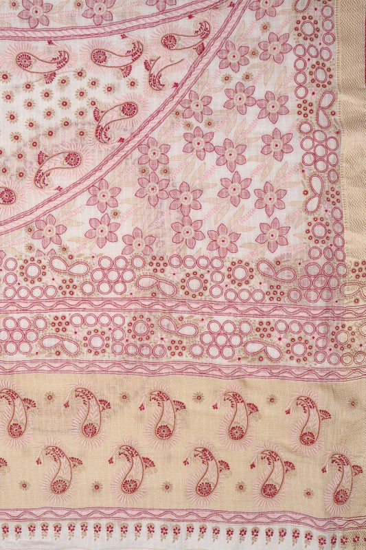 Ada Hand Embroidered Cream Chanderi Lucknowi Chikankari Saree With Blouse A70586