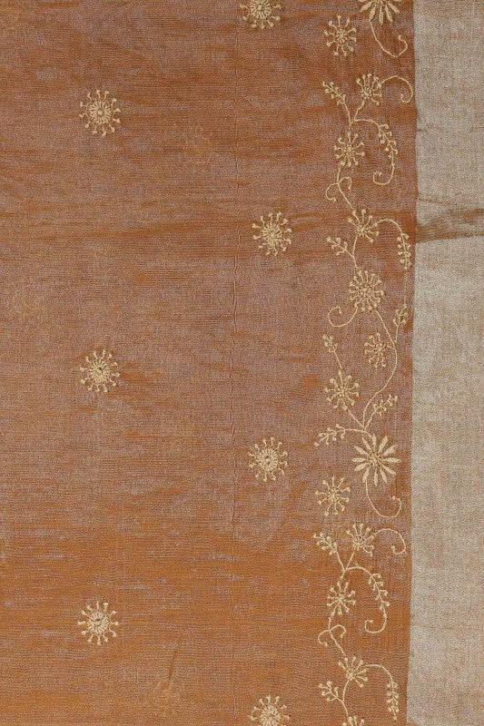 Ada Hand Embroidered Copper Brown Tissue Lucknow Chikan Saree With Blouse-A615150