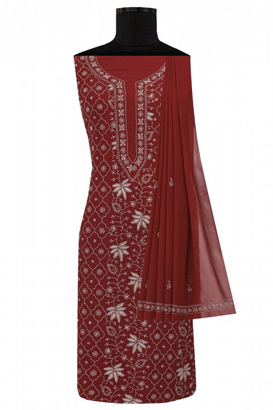 Ada Hand Embroidered Maroon Pure Georgette Lucknowi Chikan Unstitched Kurta Dupatta- A602113
