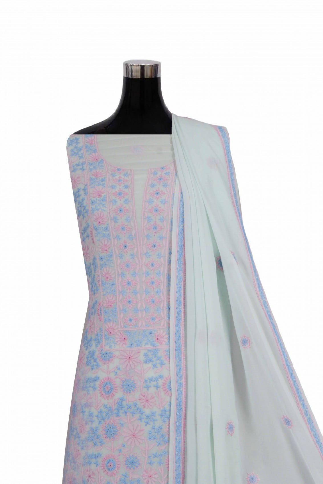 Ada Hand Embroidered Sage Green Pure Georgette Chikan Unstitched Kurta Dupatta Set A222168