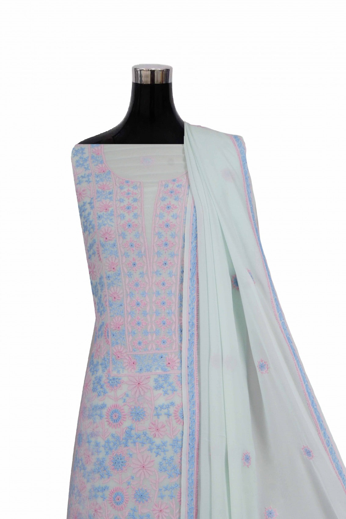 Ada Hand Embroidered Sage Green Pure Georgette Chikan Unstitched Kurta Dupatta Set A222168