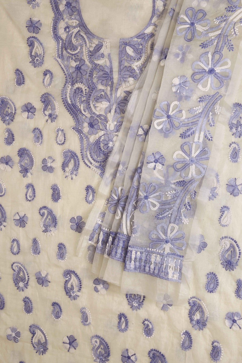 Ada Hand Embroidered Cream Organza Lucknowi Chikan Unstitched Kurta Dupatta Set -A586569
