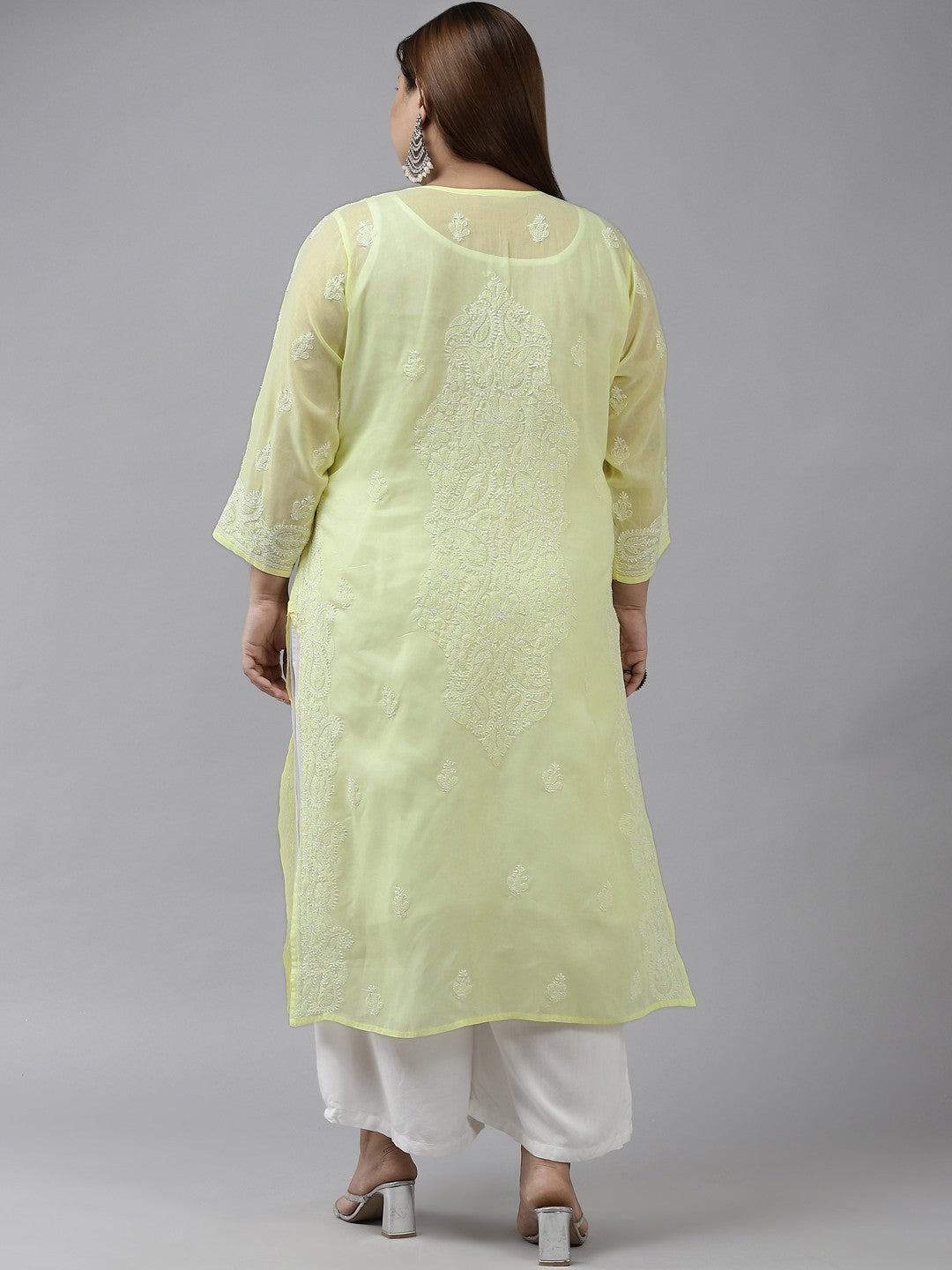 Ada Hand Embroidered Lemon Cotton Lucknowi Chikankari Straight Kurta A100355