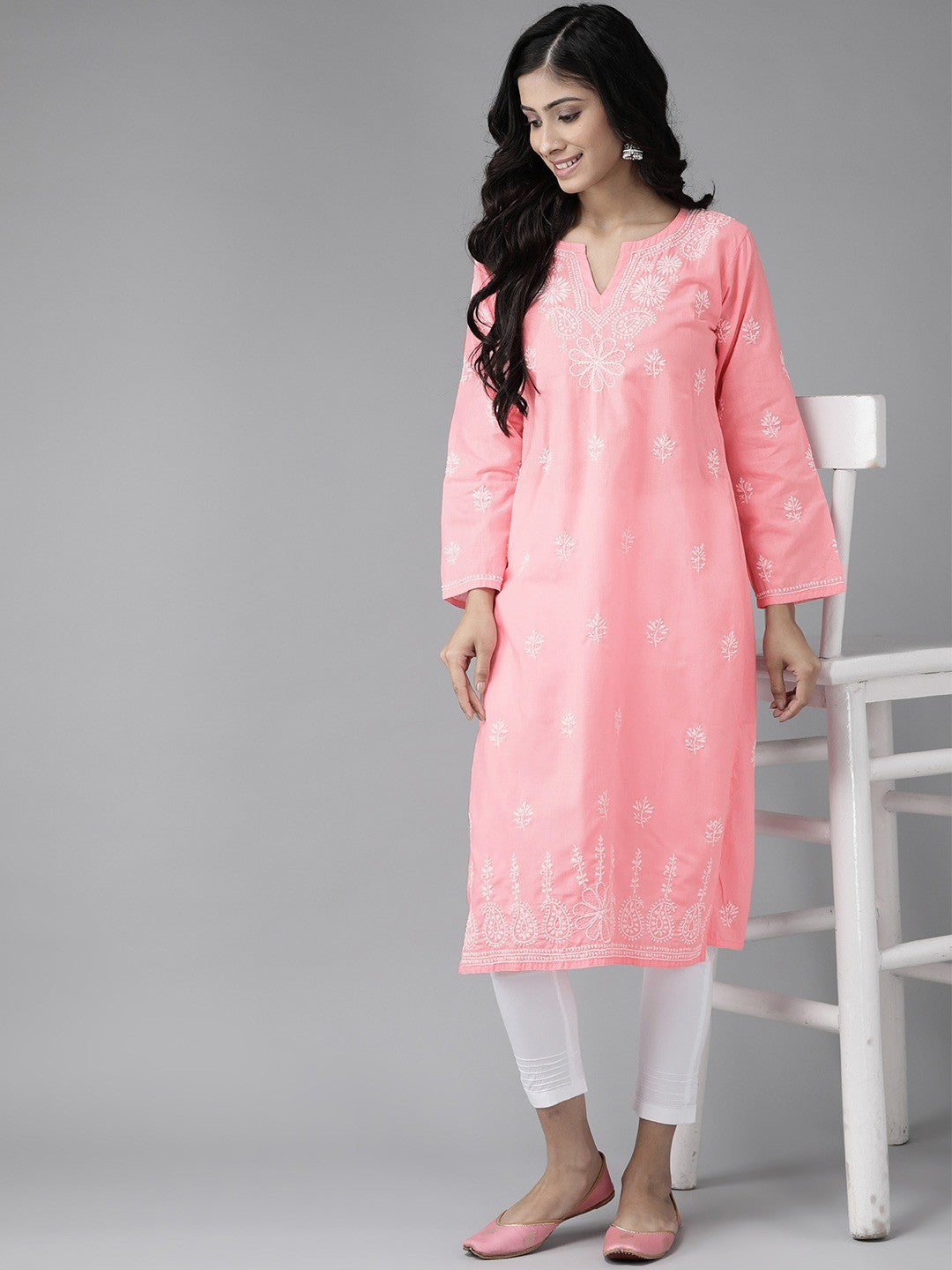Ada Hand Embroidered Peach Cotton Lucknowi Chikankari Kurta Set A811169