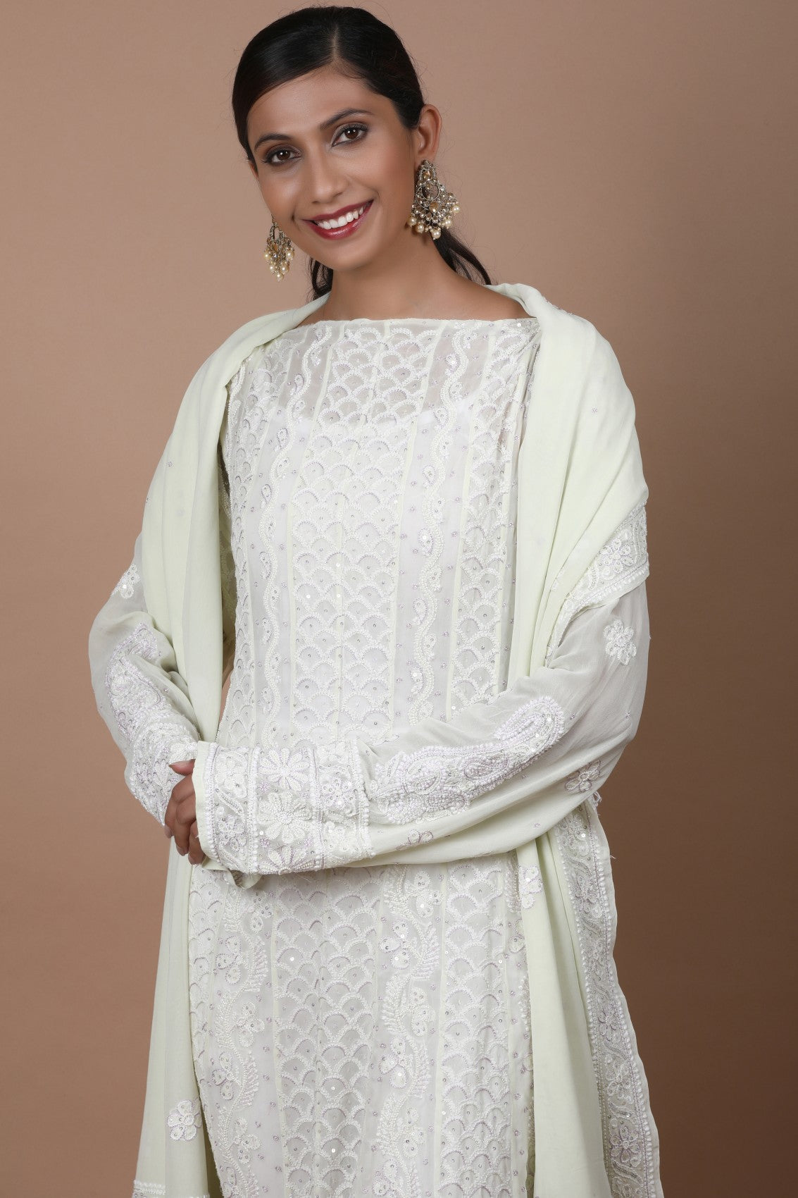 Ada Hand Embroidered Lime Green Pure Georgette Lucknowi Chikankari Semi-Stitched Anarkali Kurta Dupatta Set With Sequinned Work 01A194514