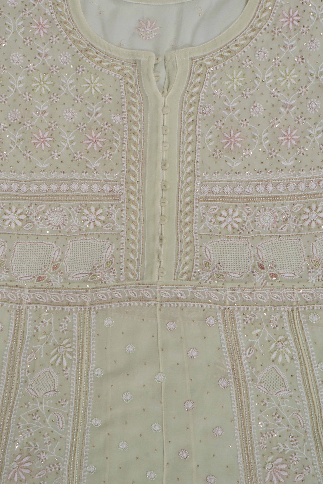 Ada Hand Embroidered Pistachio Green Ombre shade Georgette Lucknowi Chikankari Semi-Stitched Anarkali Kurta Dupatta Set With Pearl Work 01A243869