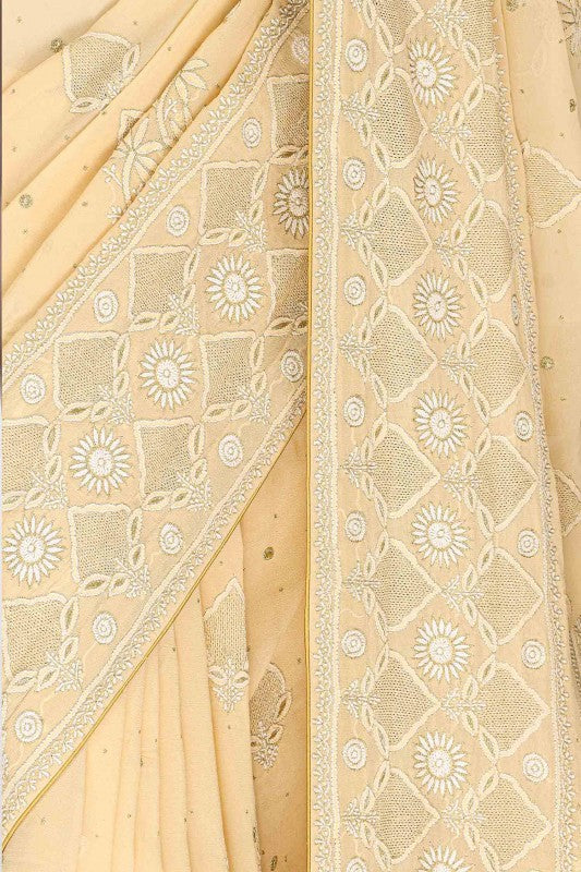 Ada Hand Embroidered Dark Butter Cream Pure Georgette Lucknowi Chikankari Saree With Blouse- A18819