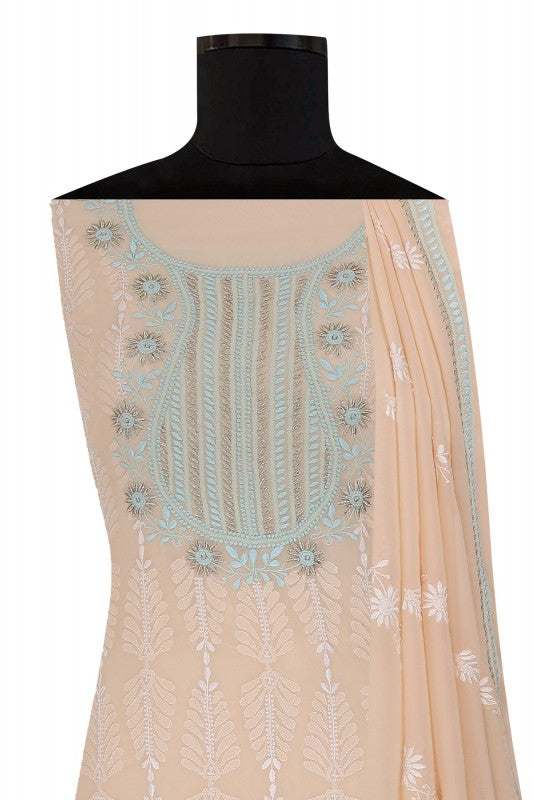 Ada Hand Embroidered Naive Peach Pure Georgette Lucknowi Chikan Unstitched Suit Piece- A49184