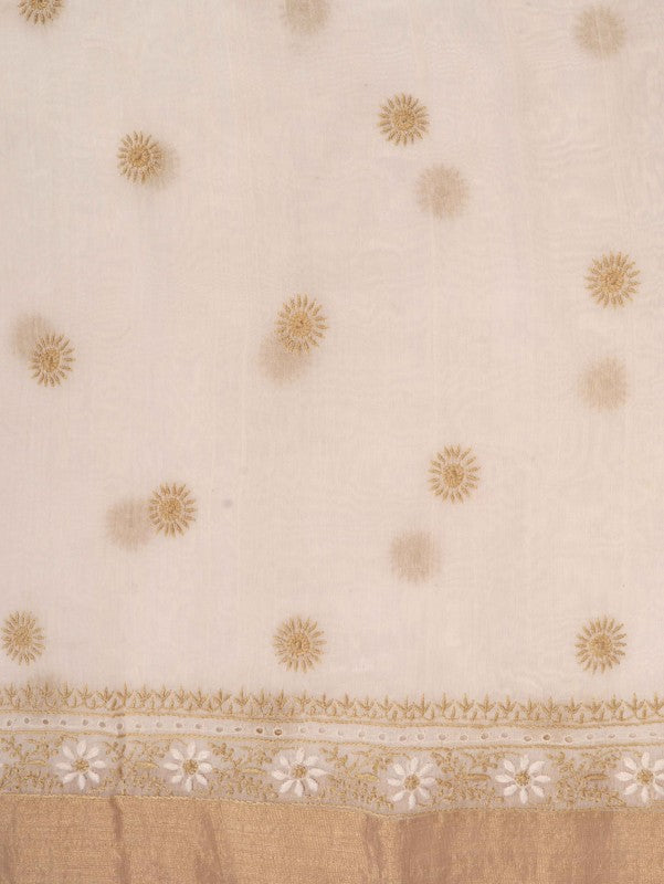 Ada Hand Embroidered Cream Chanderi Lucknowi Chikankari Saree With Blouse A606182