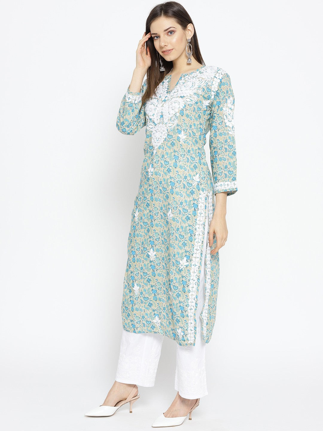 Ada Hand Embroidered Fawn Blue Cotton Lucknow Chikankari Kurta- A100032