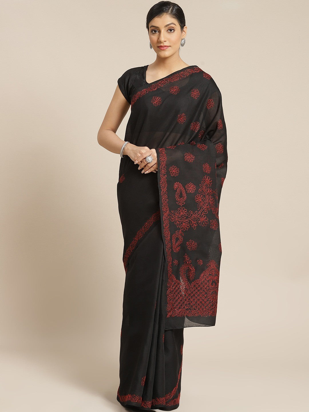 Ada Hand Embroidered Black Cotton Lucknow Chikan Saree With Blouse A311174