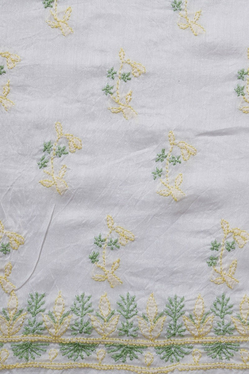 Ada Hand Embroidered White Chanderi Lucknowi Chikan Unstitched Kurta Dupatta A609922