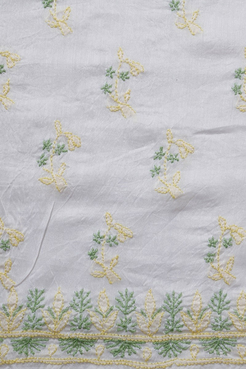 Ada Hand Embroidered White Chanderi Lucknowi Chikan Unstitched Kurta Dupatta A609922