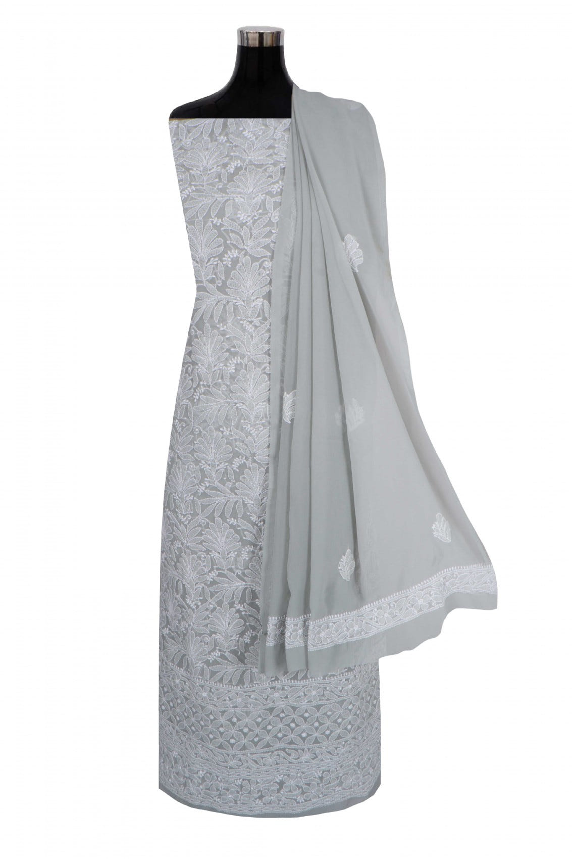 Ada Hand Embroidered Grey Georgette Lucknowi Chikankari Unstitched Suit Piece 01A262086