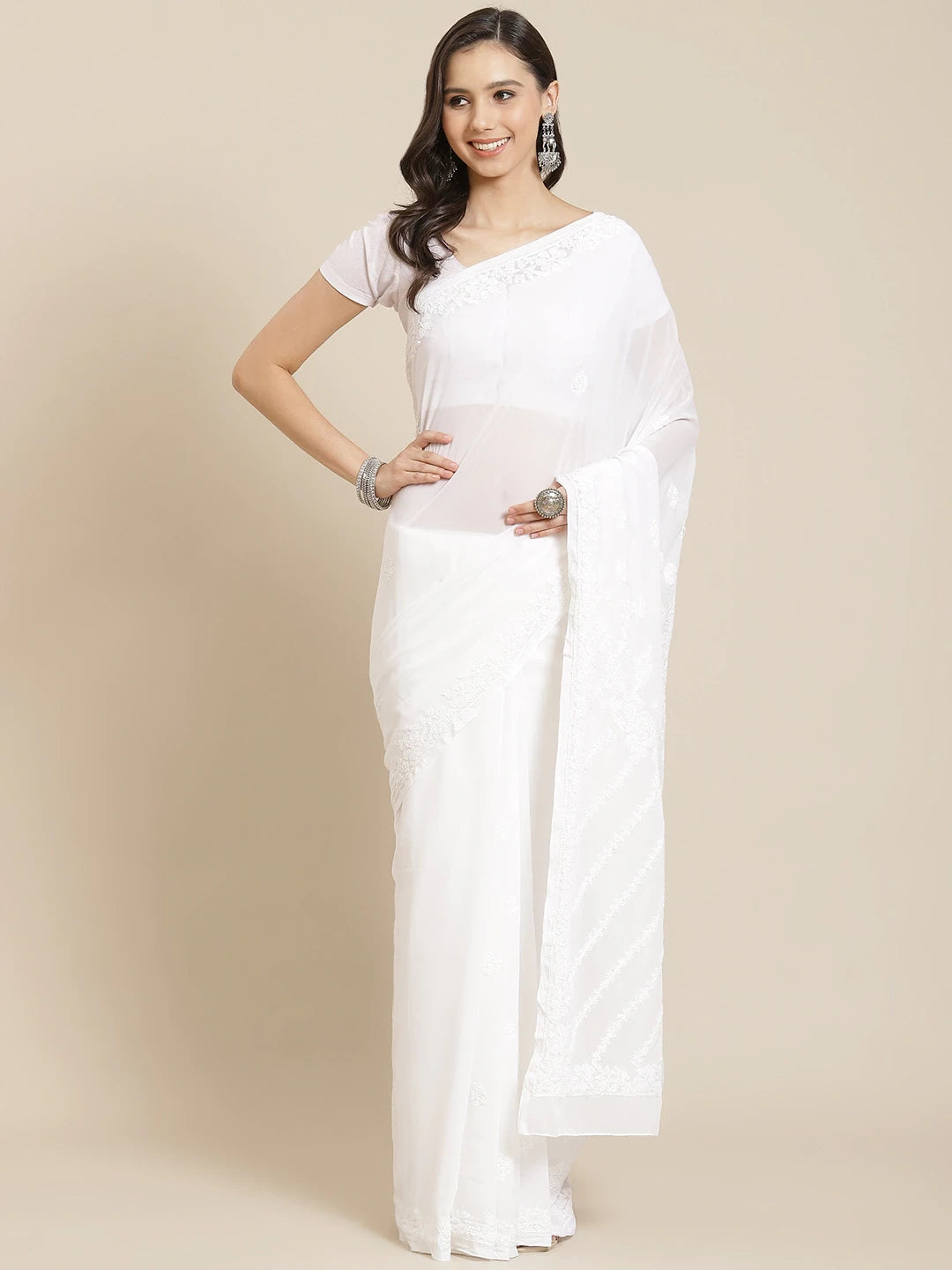 Ada Hand Embroidered White Georgette Lucknow Chikan Saree with Blouse A129607