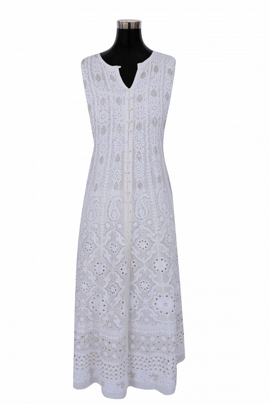 Ada Hand Embroidered Off White Pure Georgette Lucknowi Chikankari Semi-Stitched Anarkali Kurta Dupatta Set With Muqaish Work 01A132506