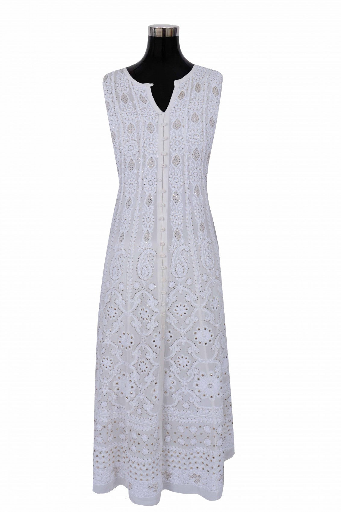 Ada Hand Embroidered Off White Pure Georgette Lucknowi Chikankari Semi-Stitched Anarkali Kurta Dupatta Set With Muqaish Work 01A132506
