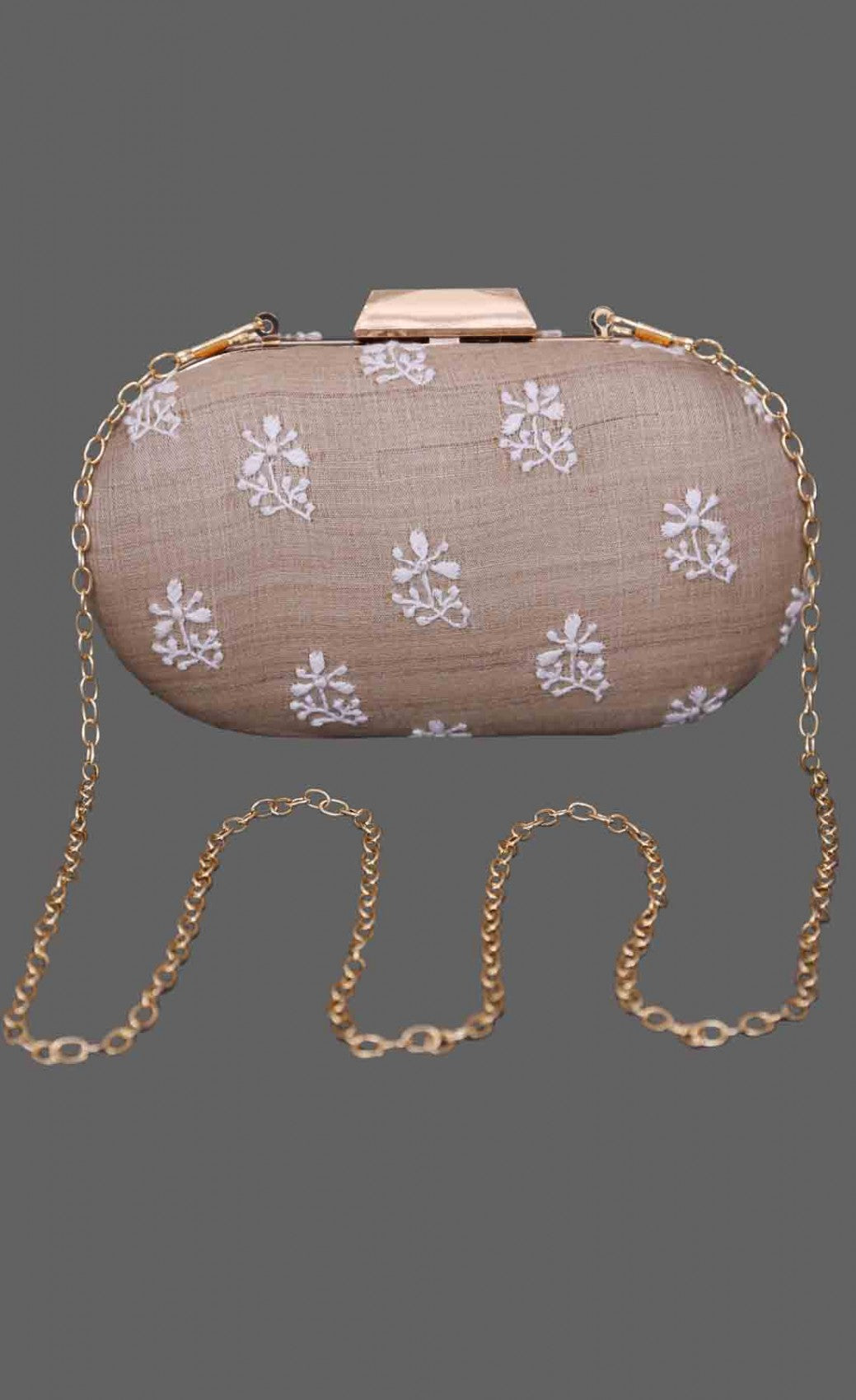Ada Hand Embroidered Fawn Tusser Silk Lucknow Chikankari Clutch A549022