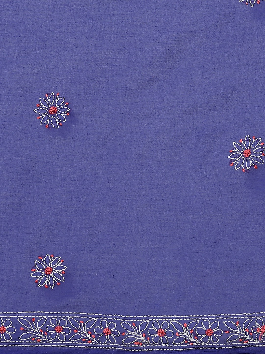 Ada Hand Embroidered Royal Blue Cotton Lucknow Chikan Saree With Blouse-A311215