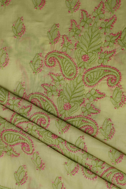 Ada Hand Embroidered Green Cotton Lucknowi Chikan Unstitched Suit Piece–A100158