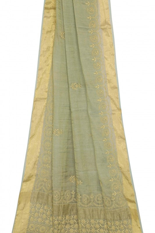 Ada Hand Embroidered Sage Green Tissue Lucknowi Chikankari Saree With Blouse-A606191