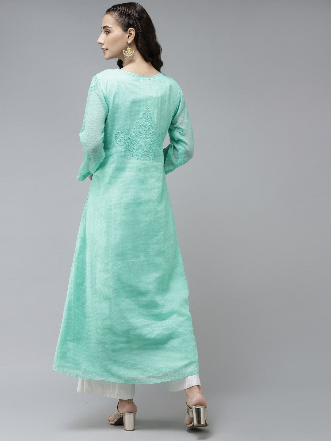 Ada Hand Embroidered Sea Green Kota Lucknow Chikankari A-Line Kurta A411234