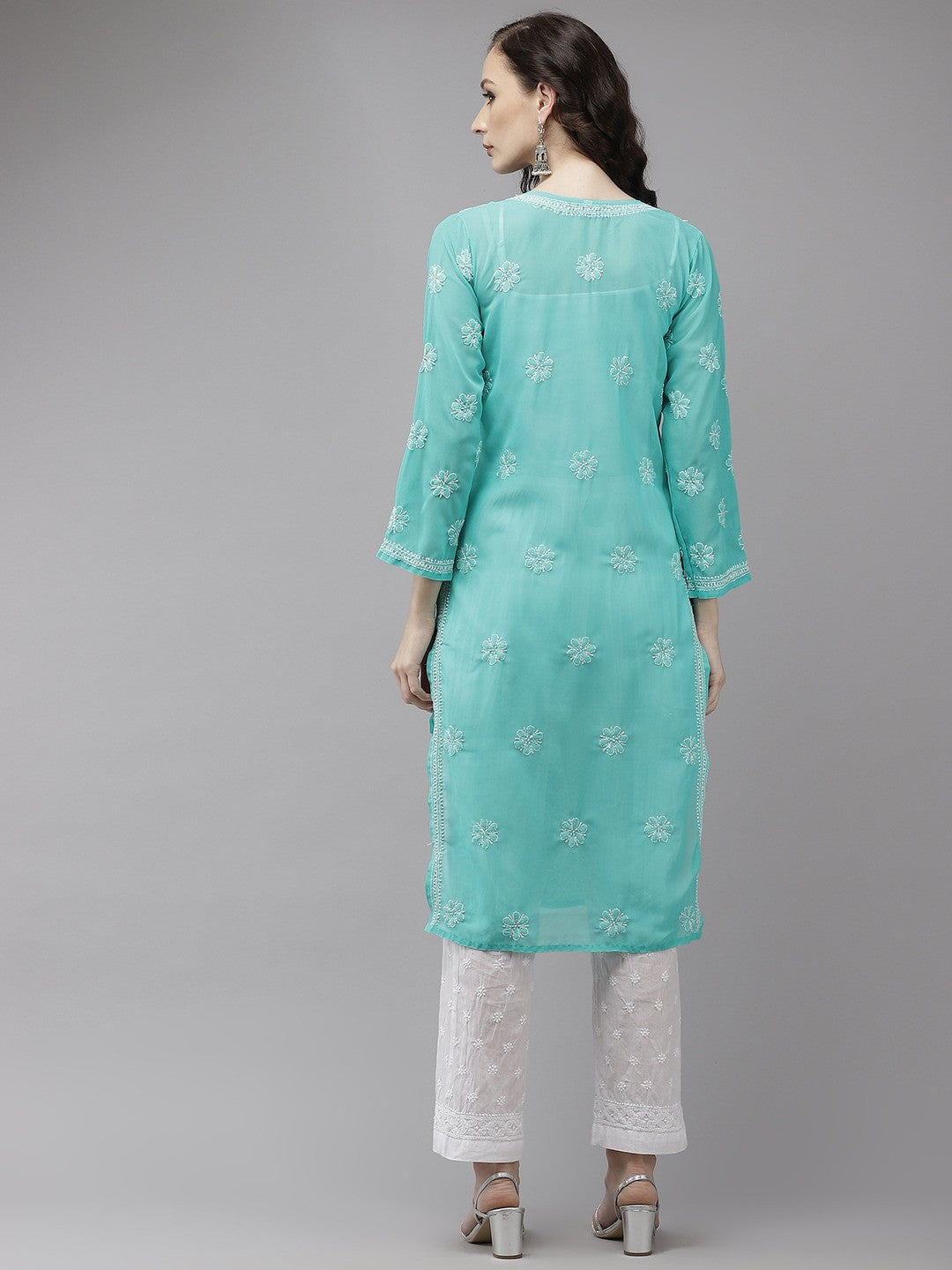 Ada Hand Embroidered Sea Green Georgette Lucknowi Chikankari Kurta Set A811215