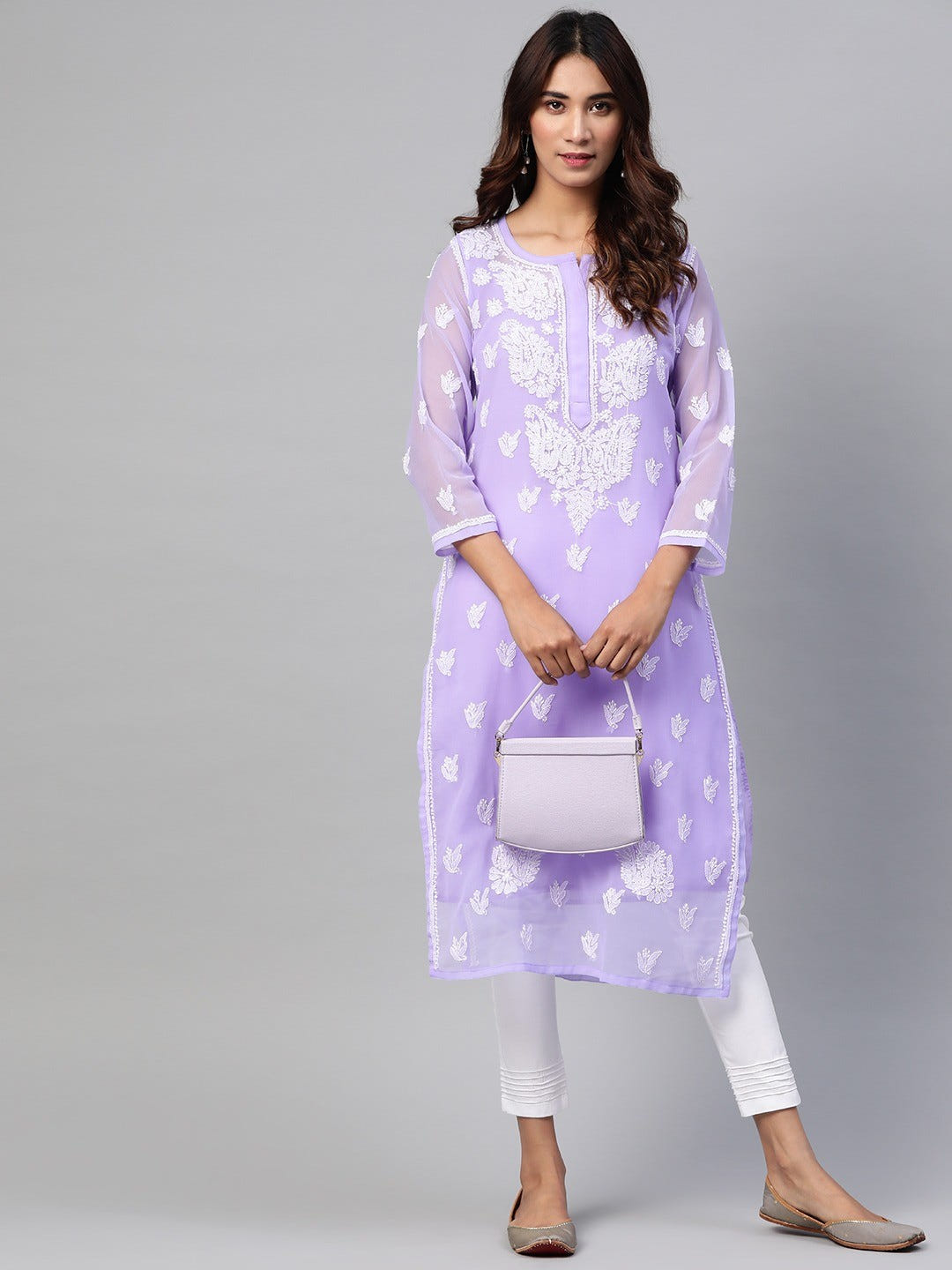 Ada Hand Embroidered Mauve Georgette Lucknowi Chikankari Kurta Set With Slip A811163