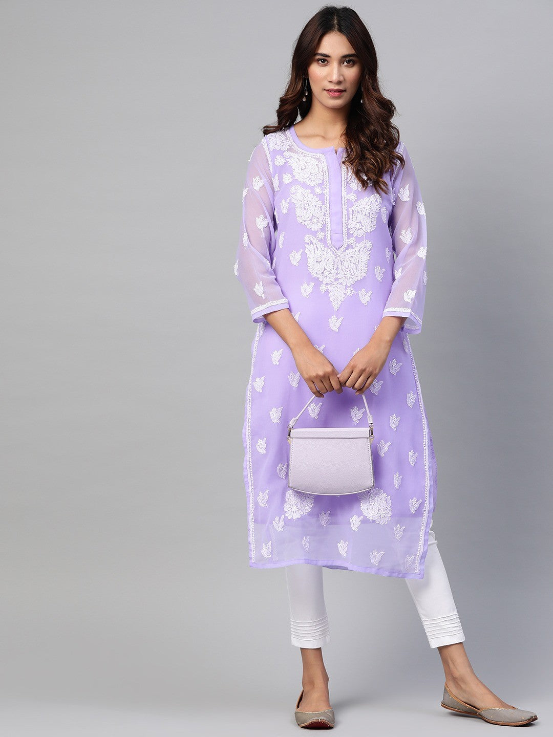 Ada Hand Embroidered Mauve Georgette Lucknowi Chikankari Kurta Set With Slip A811163