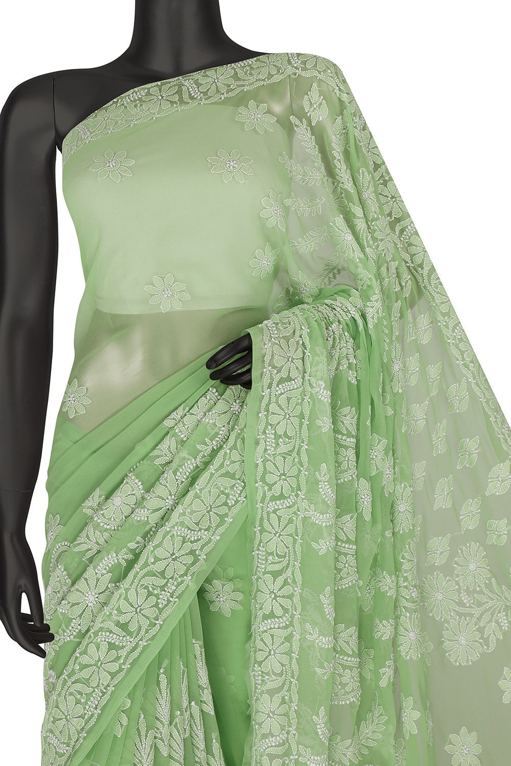 Ada Hand Embroidered Green Georgette Lucknowi Chikankari Saree With Blouse A611480