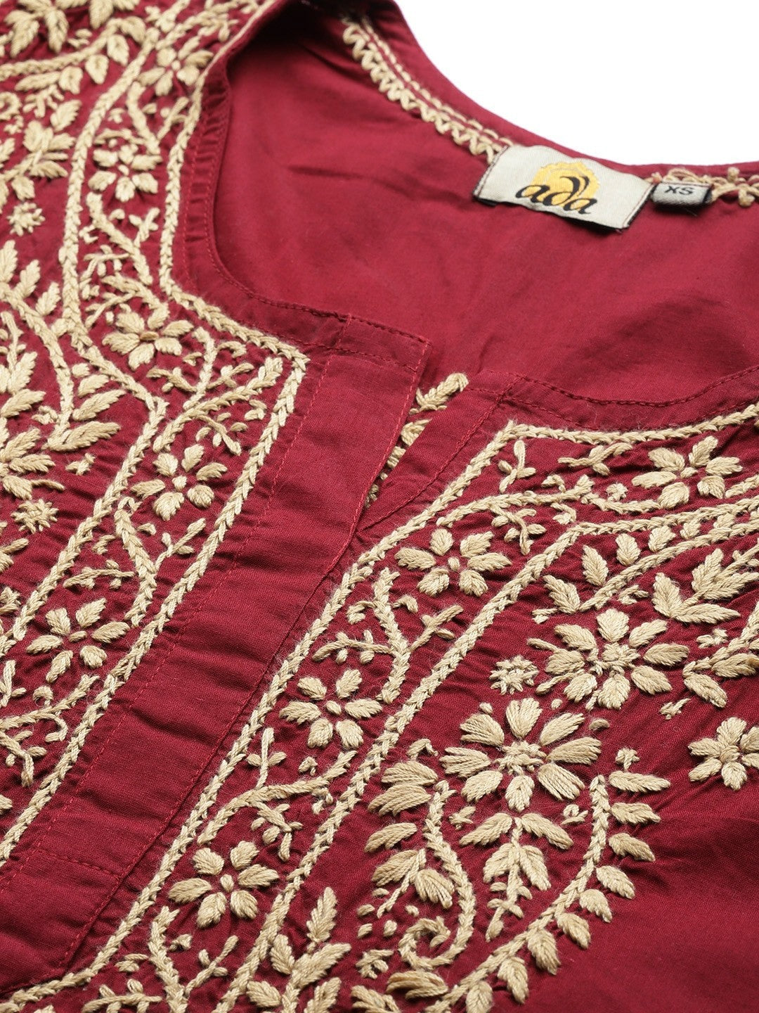 Ada Hand Embroidered Maroon Cotton Lucknowi Chikan Short Kurti A250481