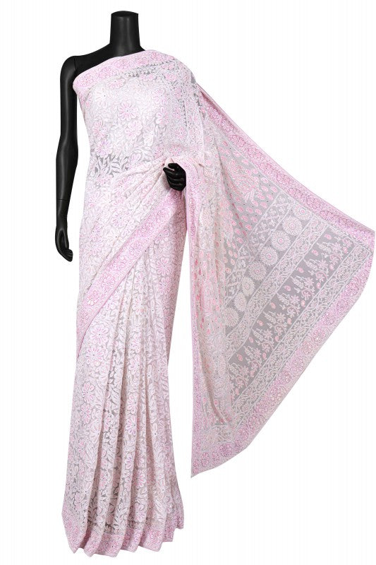 Ada Hand Embroidered White Net Lucknowi Chikankari Saree/Blouse With Pearl Work A1156